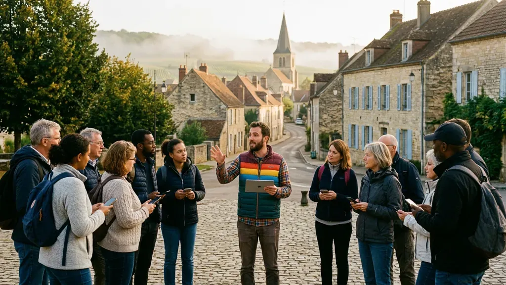 A host briefing a dozen participants on a village square at dawn, tablet in hand, everyone holding a phone.