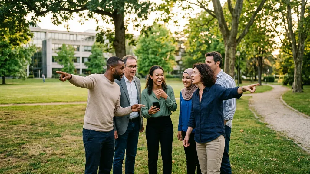 Colleagues gathered on the lawn of an office campus, two of them pointing in opposite directions, a phone in hand.