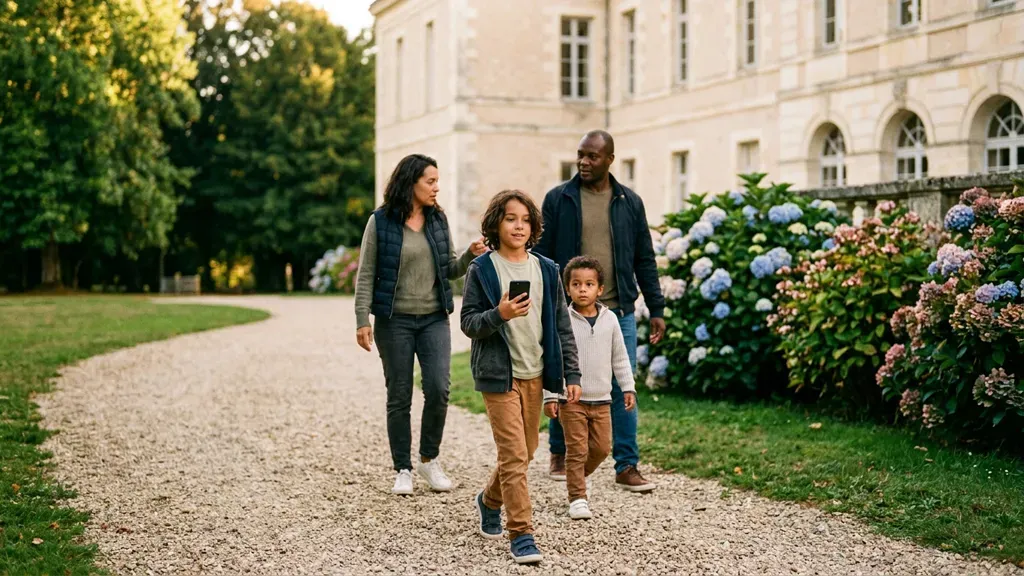 A family walking the gravel path of a château, the elder child leading the way with the phone.