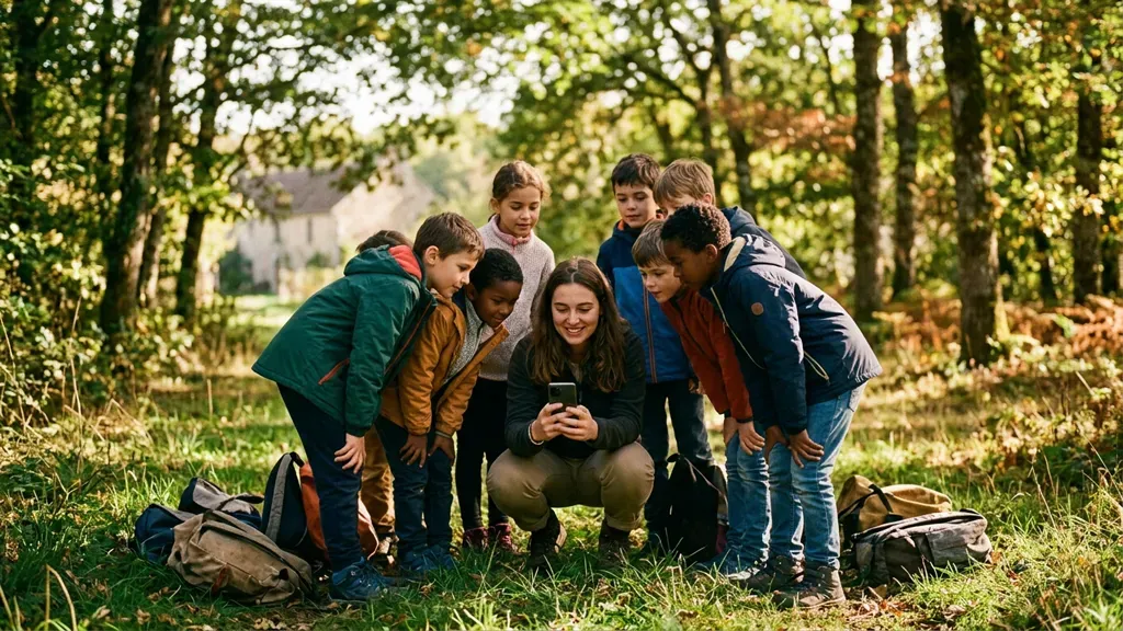 Eight children crowding around a leader crouched with her phone in a clearing, rucksacks on the grass.