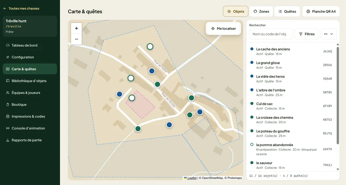 The organiser console: the ground on a map, the objects and zones dropped onto it, and on the right the list of objects with their code, their type and their capture radius.