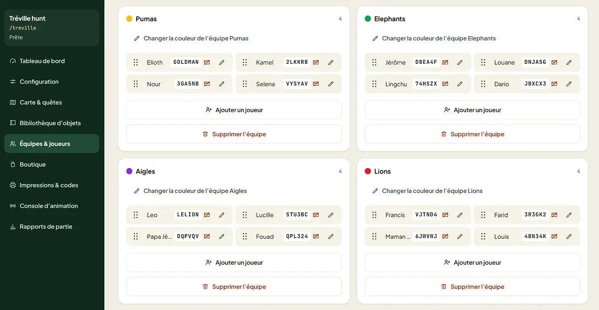 The organiser console: four teams of four players, each with its colour and the personal code that gets a player into the game.