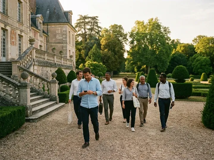 A group in office clothes leaving the steps of a château, the one in front reading the phone.