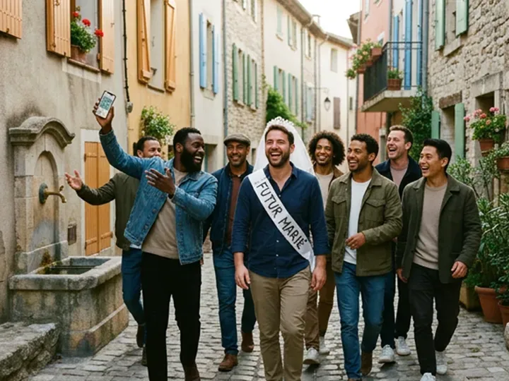 A stag party walking a village alley, the groom-to-be in a sash, a friend holding the phone above his head.