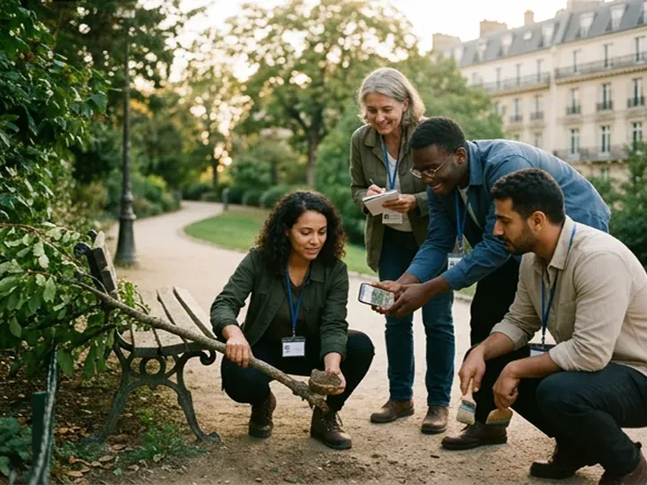 Four colleagues wearing lanyards crouched by a park bench, lifting a branch over a hiding place while one checks the phone.