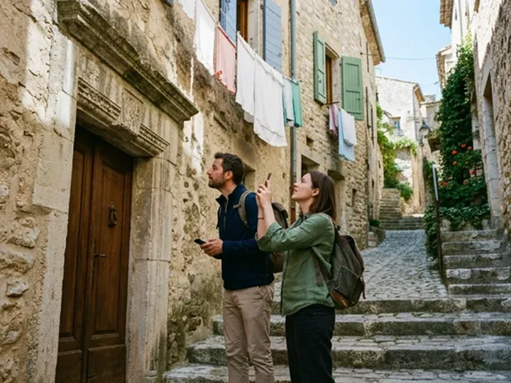 Two players in a stepped village lane, one photographing a carved doorway with the phone.