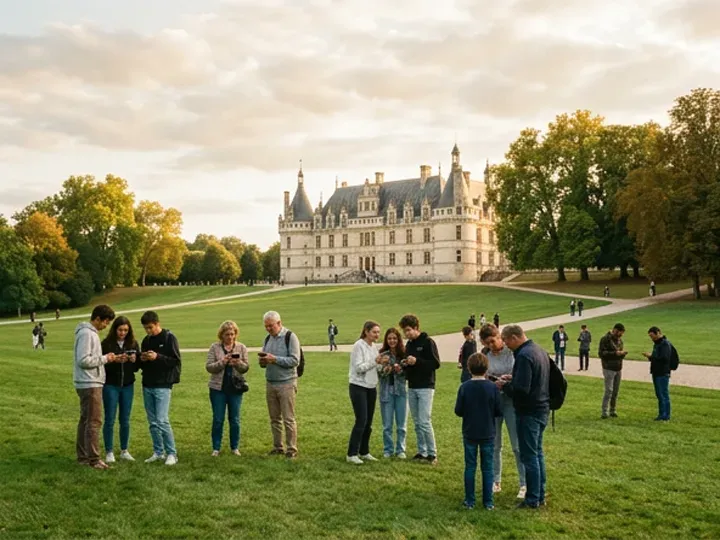 Visitors of every age spread across the lawn in front of a château, in small groups, phones in hand.