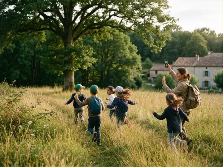 Children running through a tall-grass meadow towards a hamlet, a leader raising her phone behind them.
