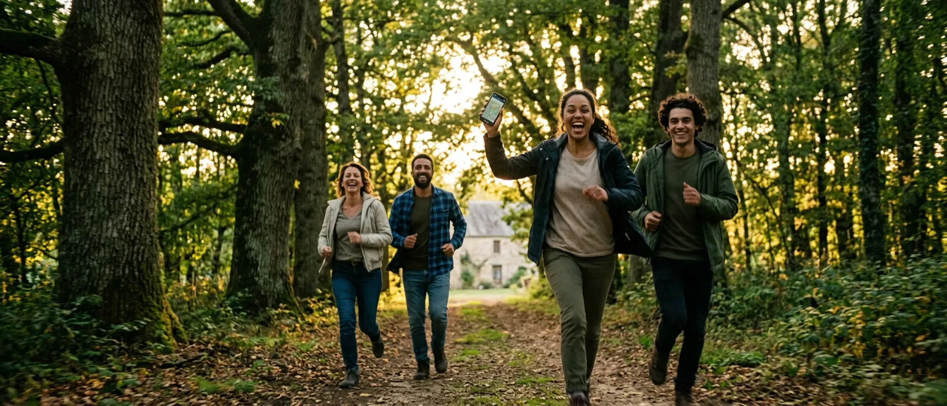Four players running down a woodland path, one holding up a phone showing the map, a stone house behind them.