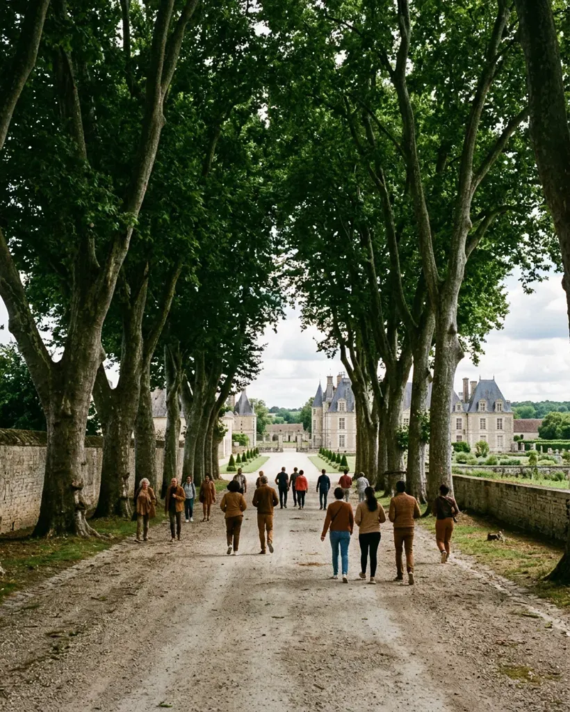A group walking up a plane-tree avenue towards a château, low stone walls on either side.