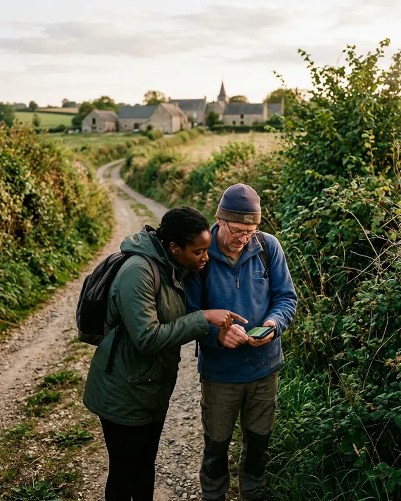 Two players stopped on a sunken lane, one pointing at the phone the other is holding, a hamlet behind them.